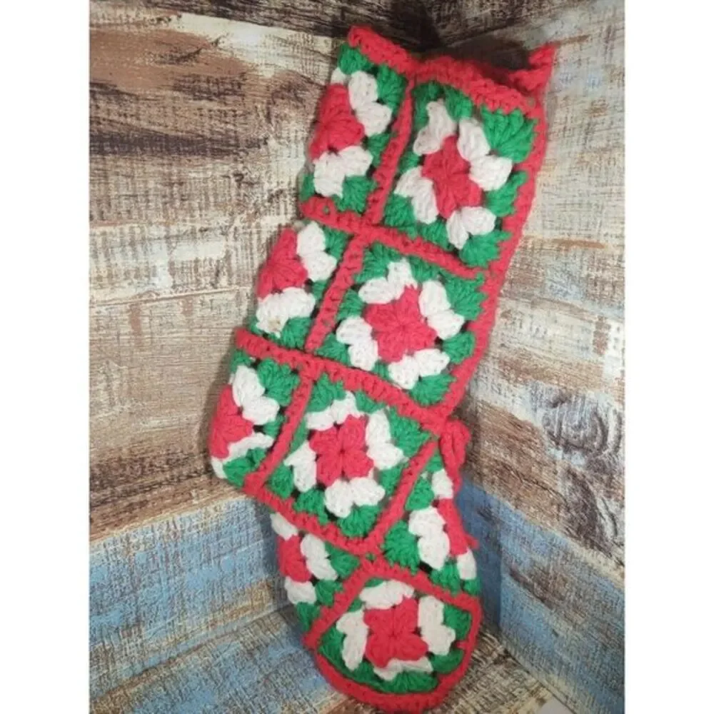 Vintage Handmade Granny Square Crochet Christmas Stocking Green Red‎ White